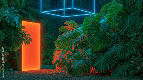 A vibrant night scene of a lush tropical garden featuring large monstera leaves illuminated by a glowing orange light panel and a neon blue cubic frame.