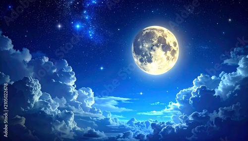 Full Moon Over Mountains and Sea Beneath a Starry Night Sky with Blue Clouds and Cosmic Galaxy Atmosphere