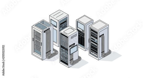 Isometric illustration of multiple server racks in a data center.