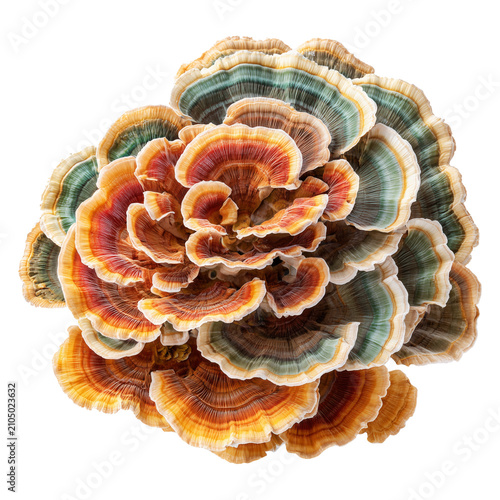 Turkey tail mushroom cluster isolated on white background with clipping path, concept of nature diversity and organic growth
