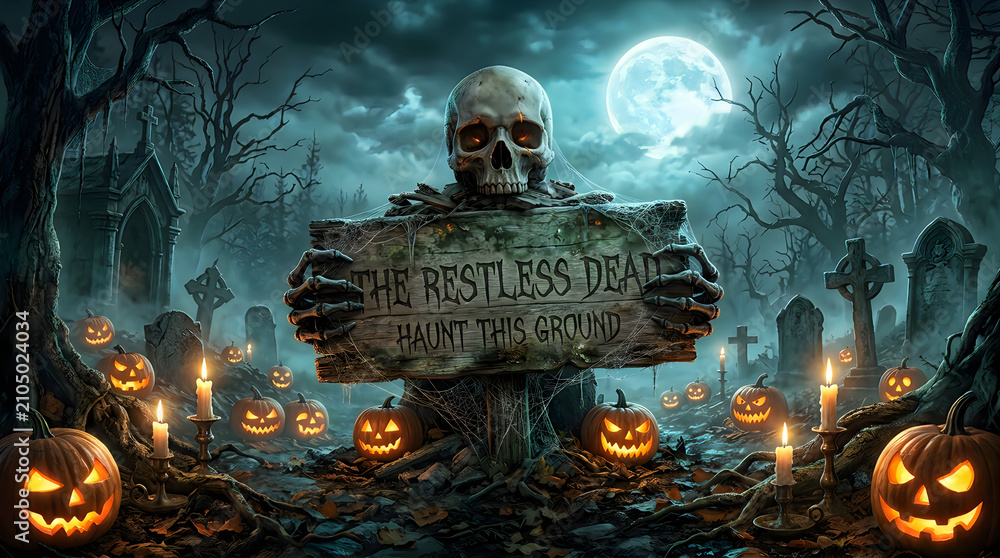 Obraz premium Happy Halloween day Spooky Halloween graveyard with skull holding The Restless Dead sign, misty cemetery landscape with glowing jack o lanterns, eerie moonlight scene nice jpg
