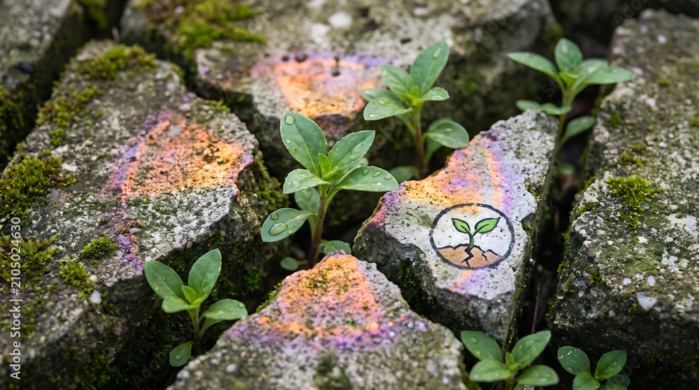 Obraz premium Small green plants growing through cracked pavement with iridescent oil stains and sprout icon representing resilience and nature recovery