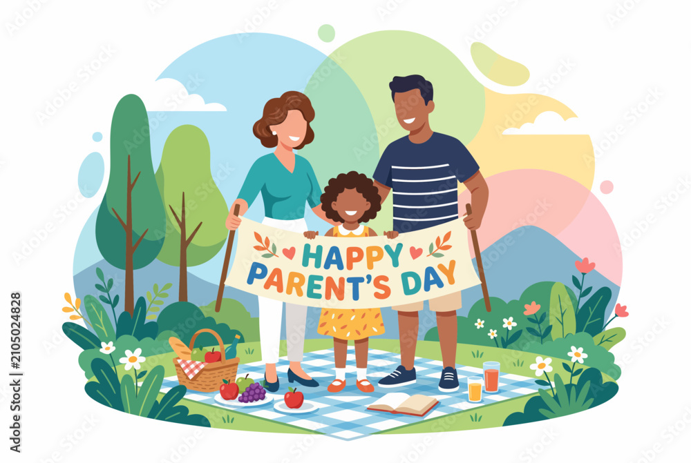 Fototapeta premium Happy Family Celebrating Parents Day with Banner in Sunny Park Picnic