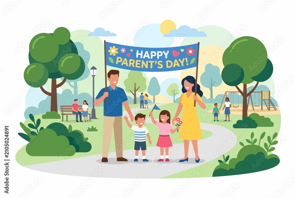 Fototapeta premium Happy Family Holding Parent's Day Banner in Sunny Public Park