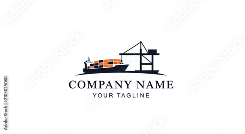 Minimalist shipping company logo with crane and container ship.