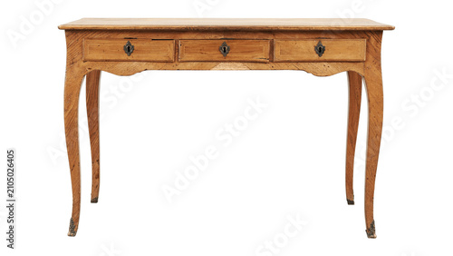 Bild auf Leinwand Antique French Wooden Writing Desk with Drawers Isolated on White Background
