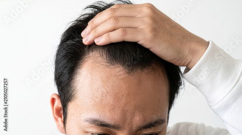Asian man checking his receding hairline in the mirror