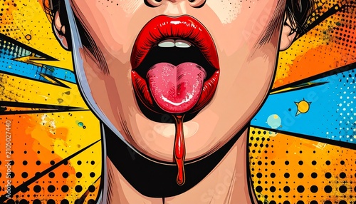 Pop art lips with dripping tongue