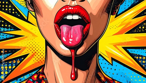 Pop art lips with dripping tongue