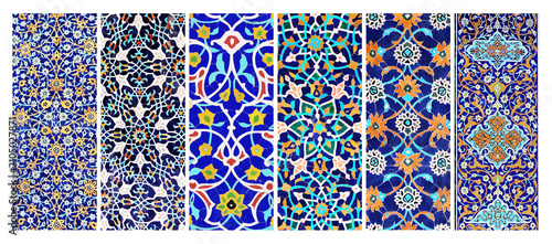 Set of horizontal or vertical banners with detail of ancient mosaic walls with floral and geometric ornaments. Collection of background with traditional islamic tile decoration. Tile decor on old wall