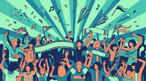 Ilustración vectorial de una multitud entusiasta celebrando en un evento deportivo o concierto con banderas, confeti y notas musicales sobre un fondo de rayos de luz retro.