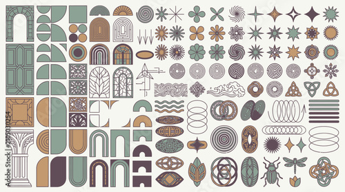 Eine umfangreiche Sammlung von modernen geometrischen Formen, abstrakten Symbolen und architektonischen Elementen im minimalistischen Boho-Stil auf hellem Hintergrund