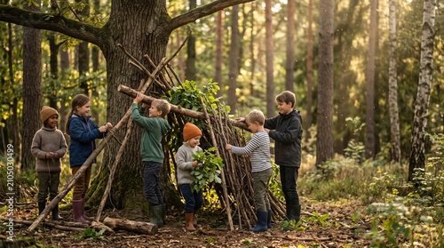 Childhood adventure and teamwork concept, a group of diverse children working together to build a wooden fort or hut in a sunny forest.