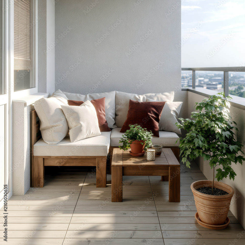 Obraz premium Cozy balcony with wooden furniture, white and brown cushions, potted green plants, city view, natural light, peaceful atmosphere