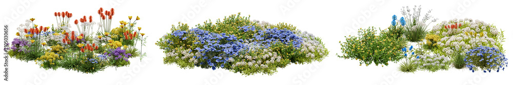Obraz premium Variations of colorful wildflower patches and green grass bushes isolated on a transparent background. Ideal for architectural 3drendering, garden landscaping element, and environment design