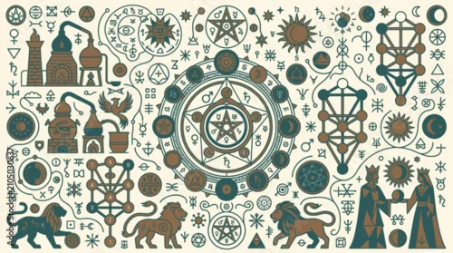 Obraz Złożona ilustracja ezoteryczna przedstawiająca alchemiczne symbole, drzewo życia, pentagramy, postacie królewskie oraz lwy w stylu vintage na jasnym tle, idealna do projektów okultystycznych.