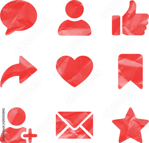 A collection of red social media icons with a textured paper effect