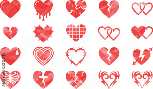 A collection of various red paper textured heart icons on white background