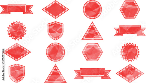 A collection of various red crumpled paper shapes for labels and tags