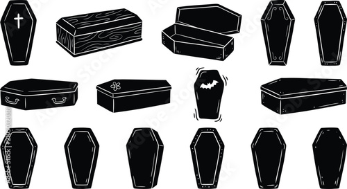 Cuadro en lienzo Solid black coffin and casket silhouettes with wood grain texture and open lid variations