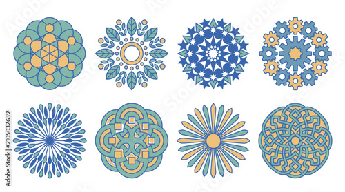 Eine Sammlung von acht dekorativen, kreisförmigen Mandala-Ornamenten in Blau- und Goldtönen, die geometrische und florale Muster für kreative Designprojekte und Illustrationen zeigen.