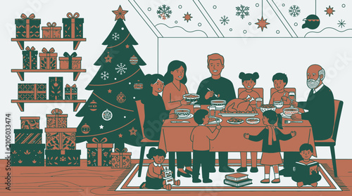 Illustrazione piatta di una famiglia multiculturale che festeggia il Natale cenando insieme attorno a una tavola imbandita con un grande albero decorato e regali impilati in un accogliente soggiorno.