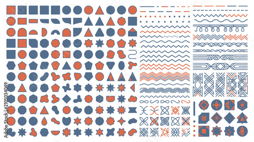 Eine Sammlung von geometrischen Formen und Mustern in Blau und Orange, die für Designzwecke verwendet werden können.