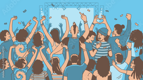 Ilustração vetorial de uma multidão animada em um show de música ao vivo, com pessoas dançando, levantando as mãos e celebrando com confetes em um ambiente festivo e vibrante.