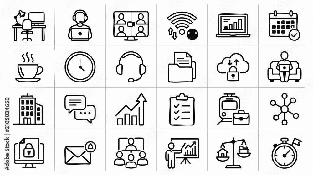 Fototapeta premium Business & Technology Line Icons: Office, Remote Work, Communication, Data