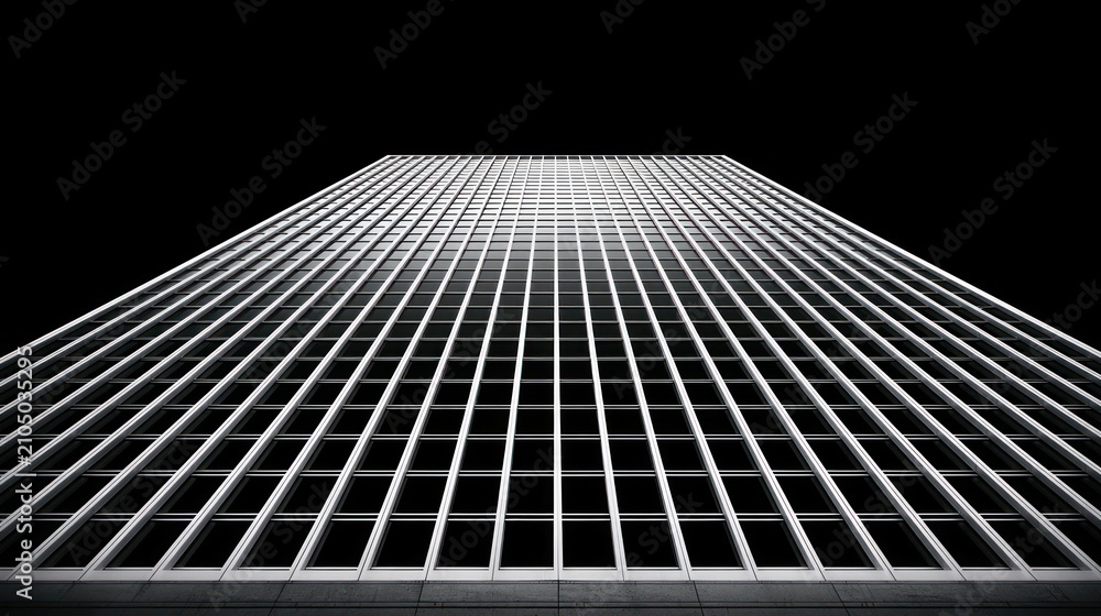 Fototapeta premium Modern skyscraper facade with repeating geometric windows against black background