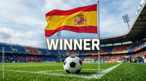 Spain's flag flying high above a soccer ball on the field at a stadium with the word WINNER displayed.