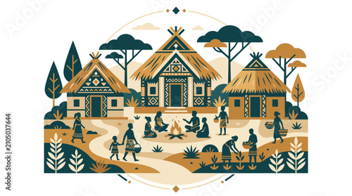 Traditional Indigenous Tribal Village Community Vector Illustration with Thatched Huts