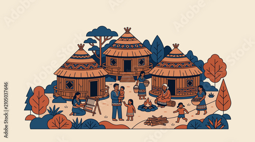 Indigenous Tribal Village Life with Traditional Huts and People Vector Illustration