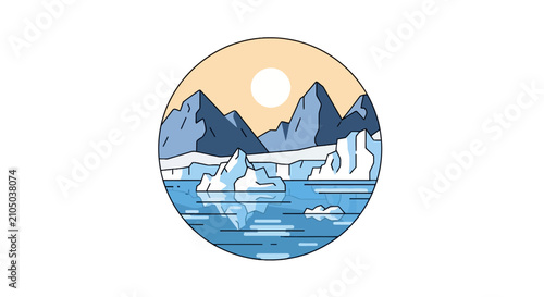 Obraz na płótnie Arctic landscape with icebergs and mountains in circular frame