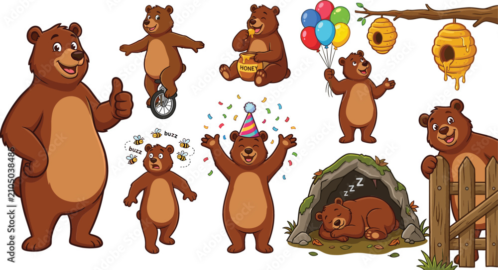 Fototapeta premium Cute brown bear cartoon character set featuring various poses including eating honey sleeping in cave riding unicycle and celebrating with birthday balloons