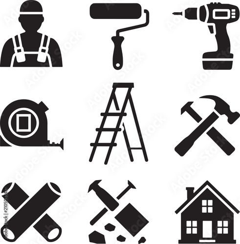 House renovation and home construction tools glyph icons featuring drill, hammer, and ladder and repair, worker, and improvement