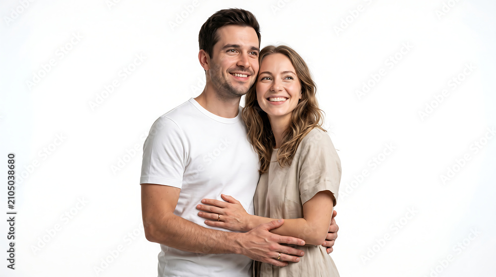 Obraz premium A happy young couple embracing and smiling while looking towards the future with affection and togetherness in a studio portrait isolated on white