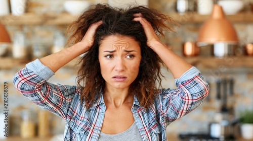 Frustrated young woman with messy curly hair having a bad hair day in kitchen at home