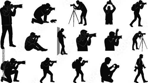Set of black silhouettes depicting photographers in various action poses with cameras, tripods, and gear on a white background