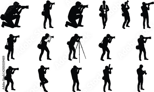 Various black silhouettes of photographers in different poses with cameras and tripods isolated on a white background