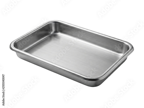 Empty stainless steel sterile surgical instrument tray with realistic brushed metal finish, hospital equipment, isolated transparent background