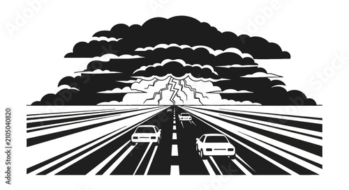 Quadro su tela Cars driving on highway toward lightning storm clouds