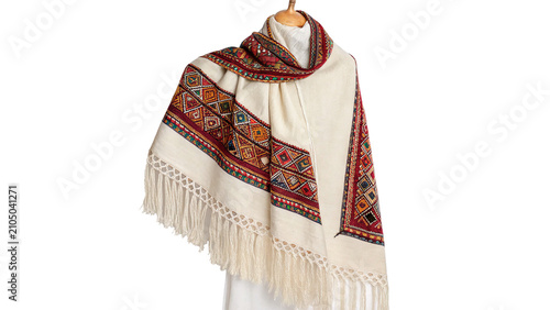 Foto Traditional ethnic patterned colorful wool poncho shawl textile clothing isolate