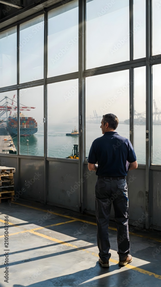 Fototapeta premium Reflection of Man Looking Out Window at Harbor with Ships and Crane
