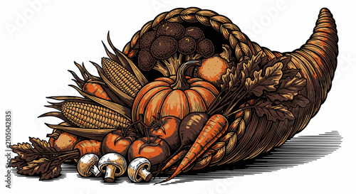 Fotografie Wicker cornucopia horn of plenty overflowing with an abundant autumn harvest featuring orange pumpkins, corn, grapes, squash, and colorful fall leaves isolated on a white background