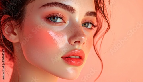 Radiant Beauty - A Portrait of a Woman with Glowing Skin and Coral Makeup.