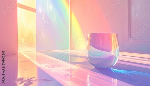 Rainbow prism light casting vibrant colors on a glass and surface.
