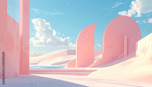 Pastel Dreamscape - A Serene Desert Oasis with Pink Architecture.