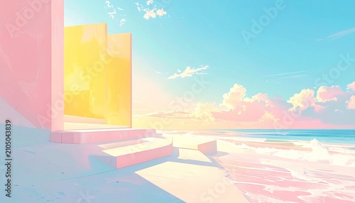 Pastel Dreamscape - Serene Beach Scene with Architectural Elements.