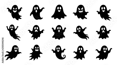 Quadro su tela Halloween Ghost Silhouette Set Isolated on White Background Spooky Spirit Icons